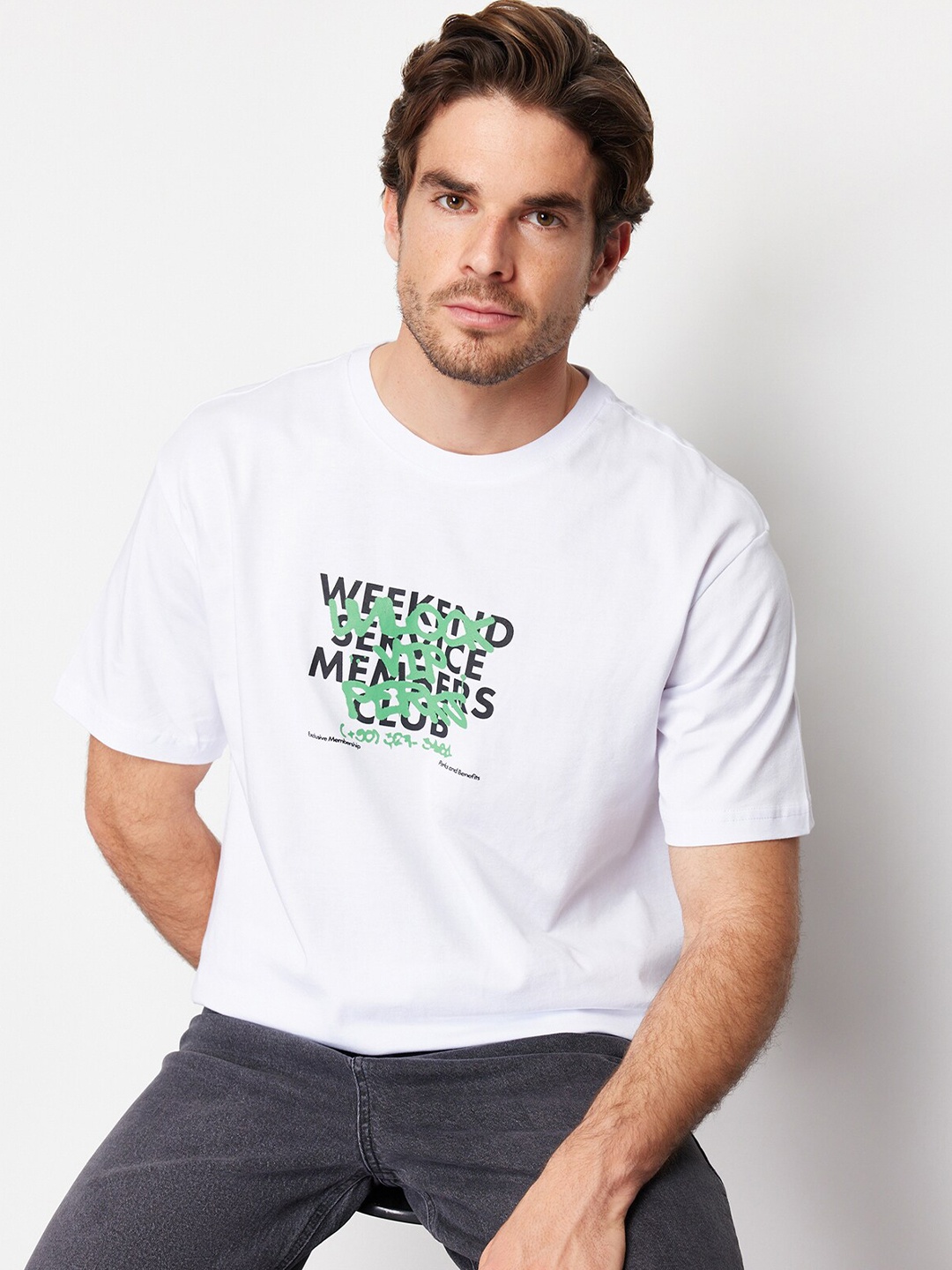 

Trendyol Round Neck Typography Printed Cotton T-shirt, White