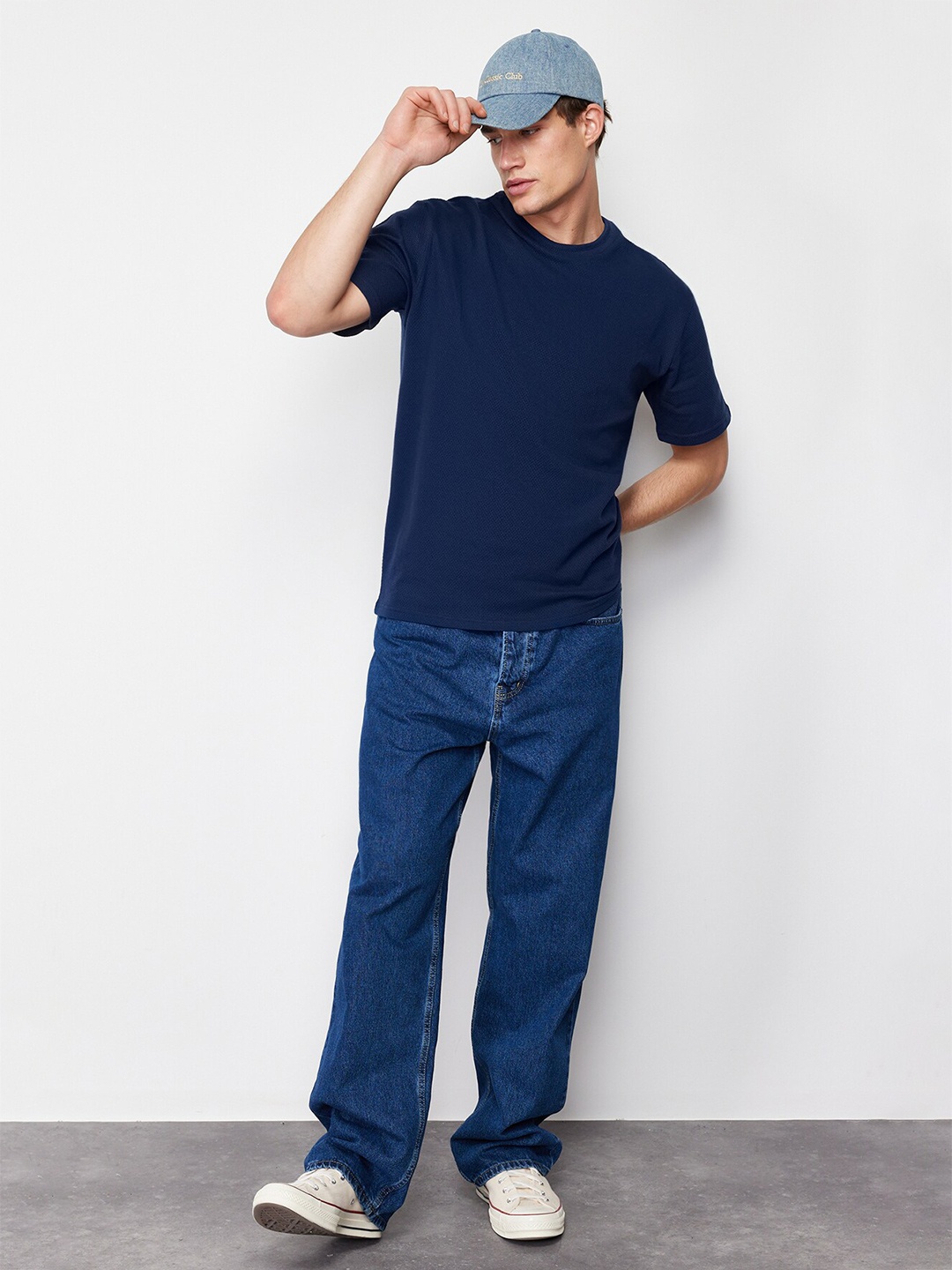 

Trendyol Self Design Round Neck Short Sleeves Cotton Casual T-shirt, Navy blue