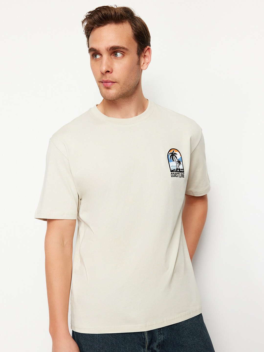 

Trendyol Drop-Shoulder Sleeves Cotton T-shirt, Cream