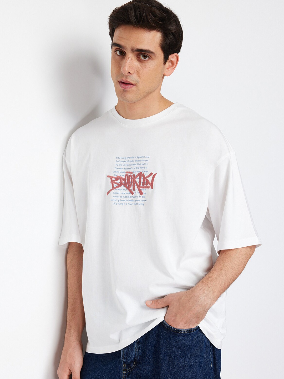 Trendyol Round Neck Typography Printed Cotton T-shirt, White
