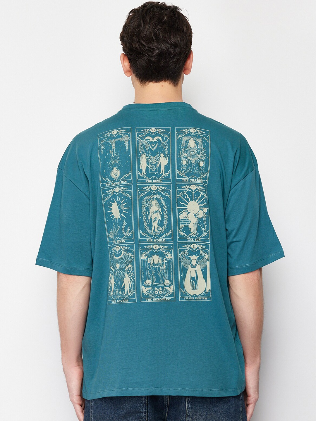 

Trendyol Round Neck Drop Shoulder Sleeves Regular Fit Cotton T-shirt, Teal