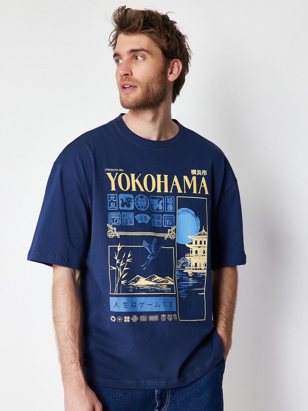 

Trendyol Round Neck Typography Printed Cotton T-shirt, Blue