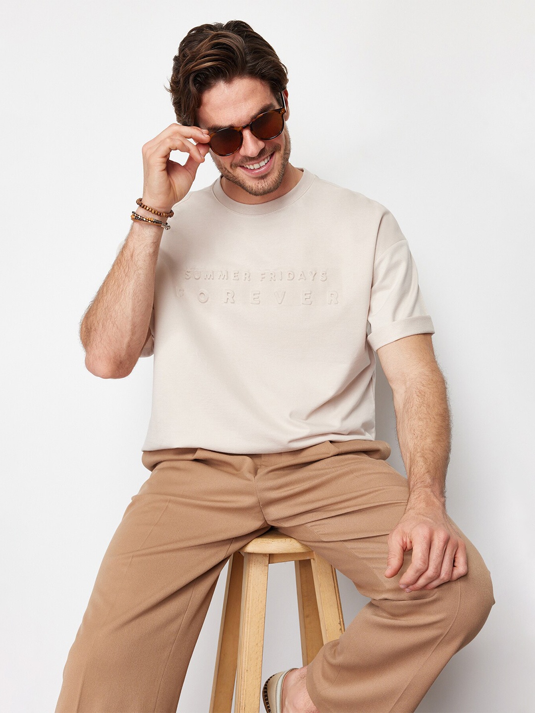 

Trendyol Round Neck Typography Cotton T-shirt, Beige