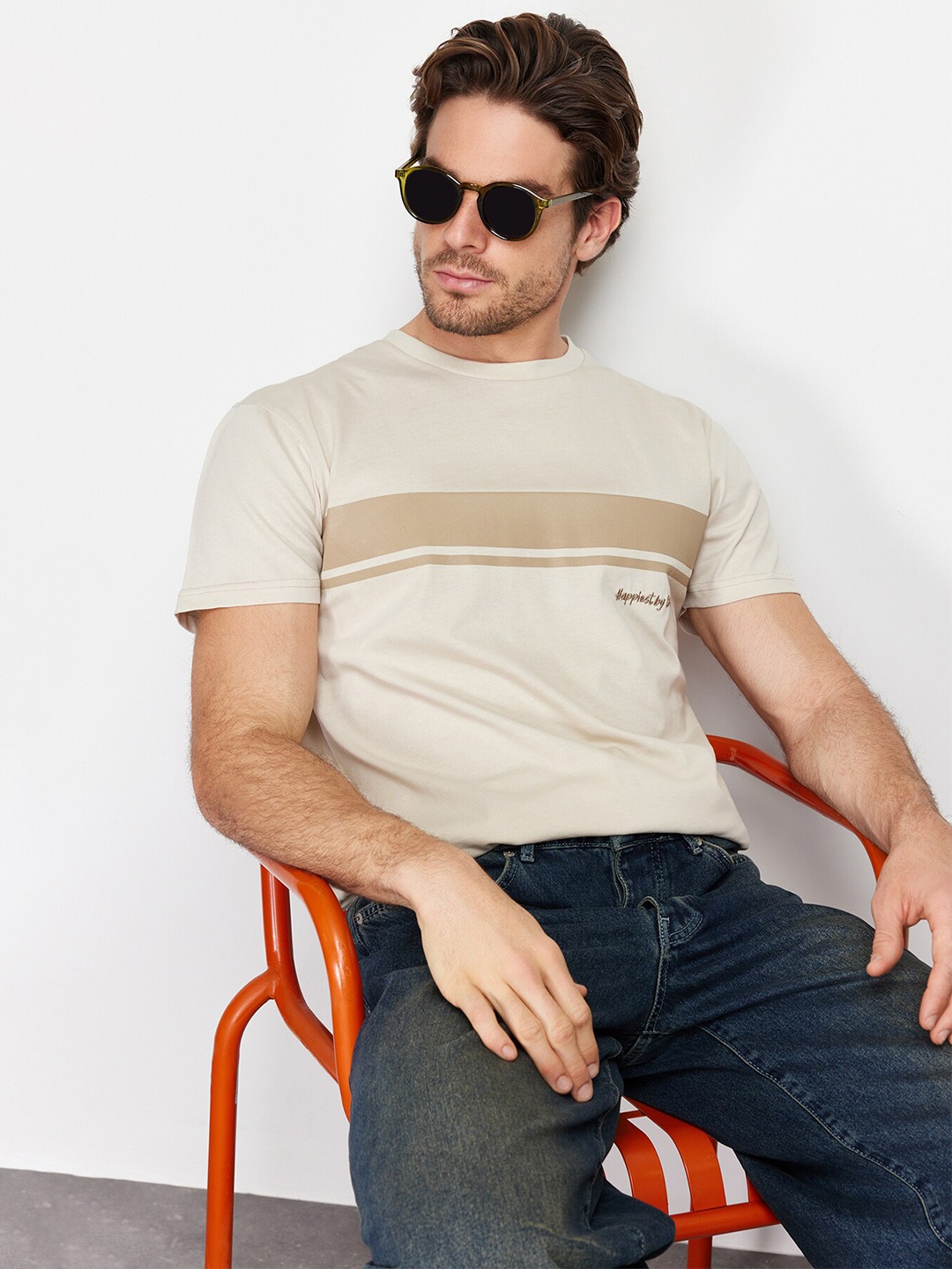 

Trendyol Round Neck Short Sleeves Striped Cotton T-shirt, Cream