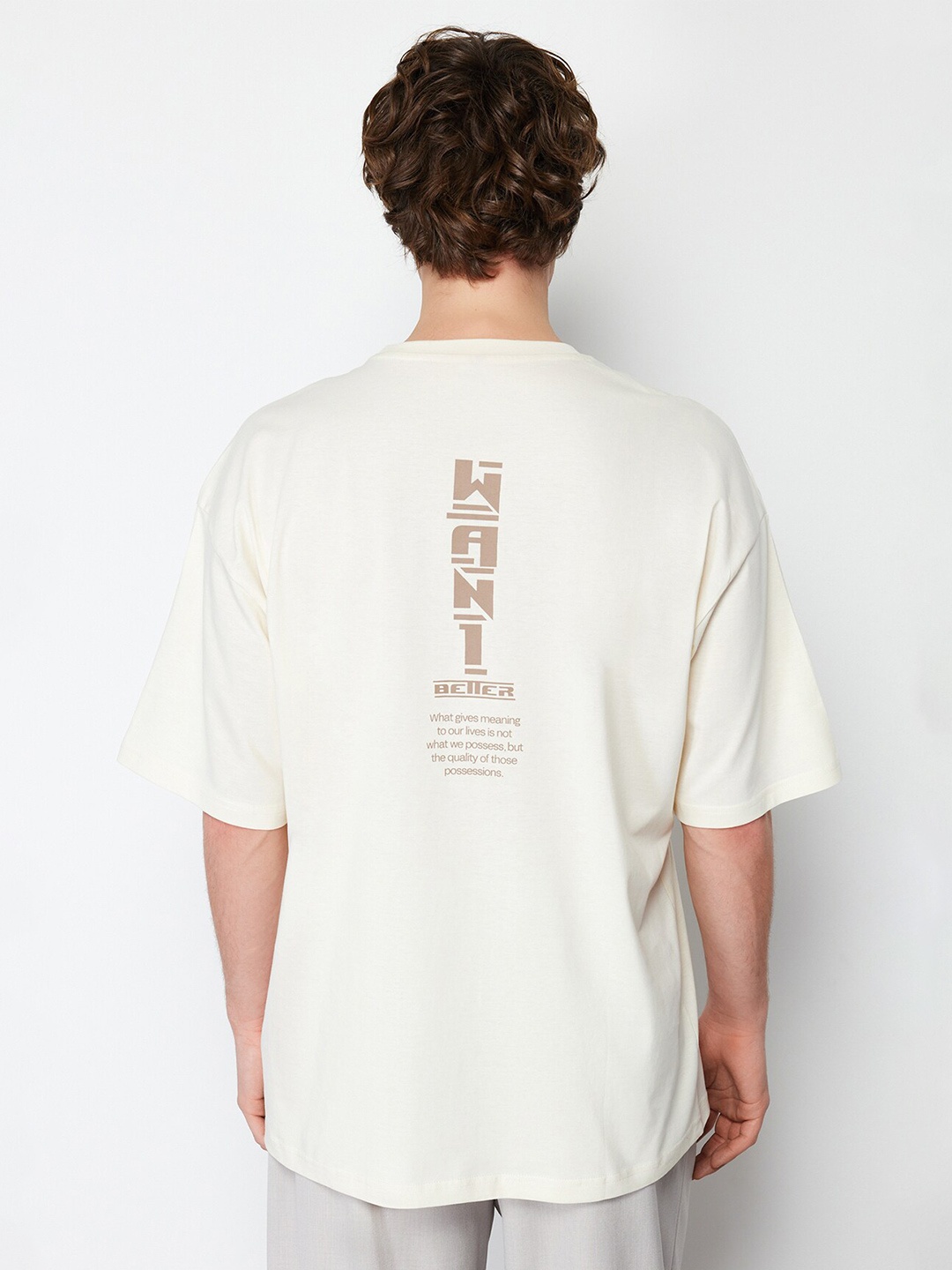 Trendyol Round Neck Typography Printed Cotton T-shirt, Off white