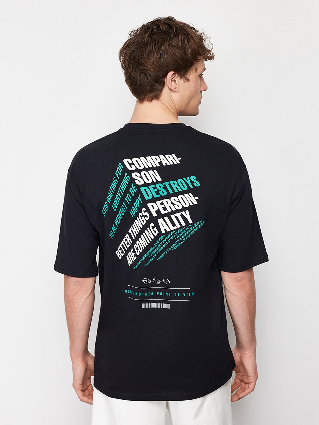 Trendyol Round Neck Short Sleeves Cotton Typography Printed T-shirt, Black