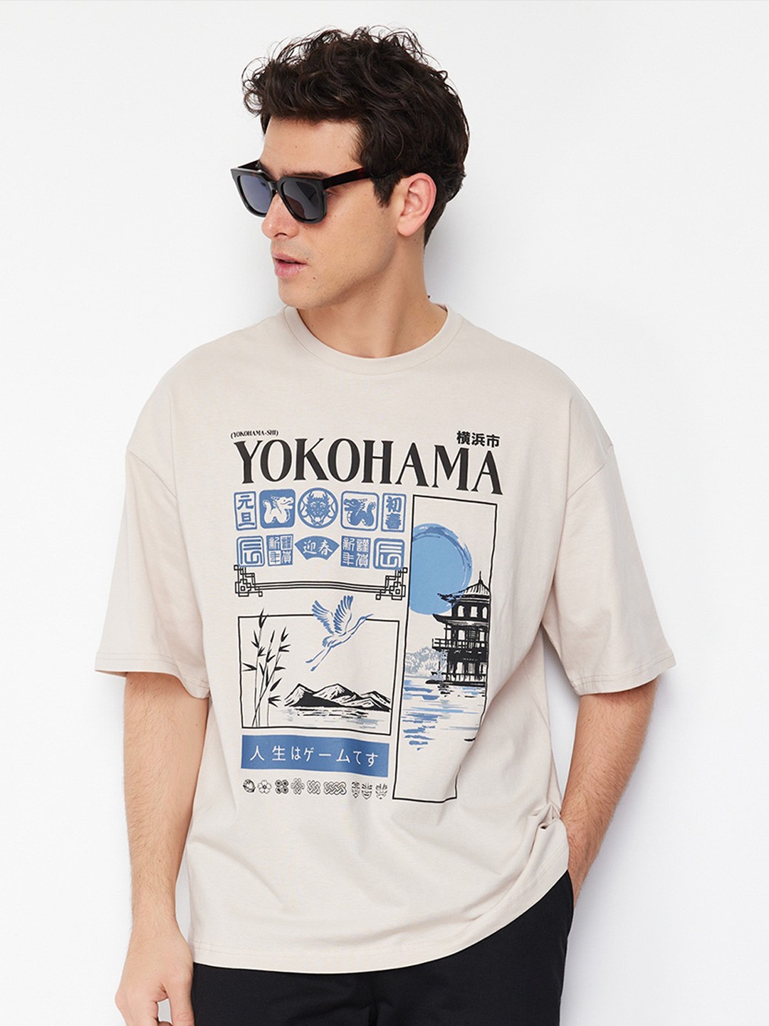 

Trendyol Typography Printed Regular Sleeves Round Neck Cotton T-shirt, Beige