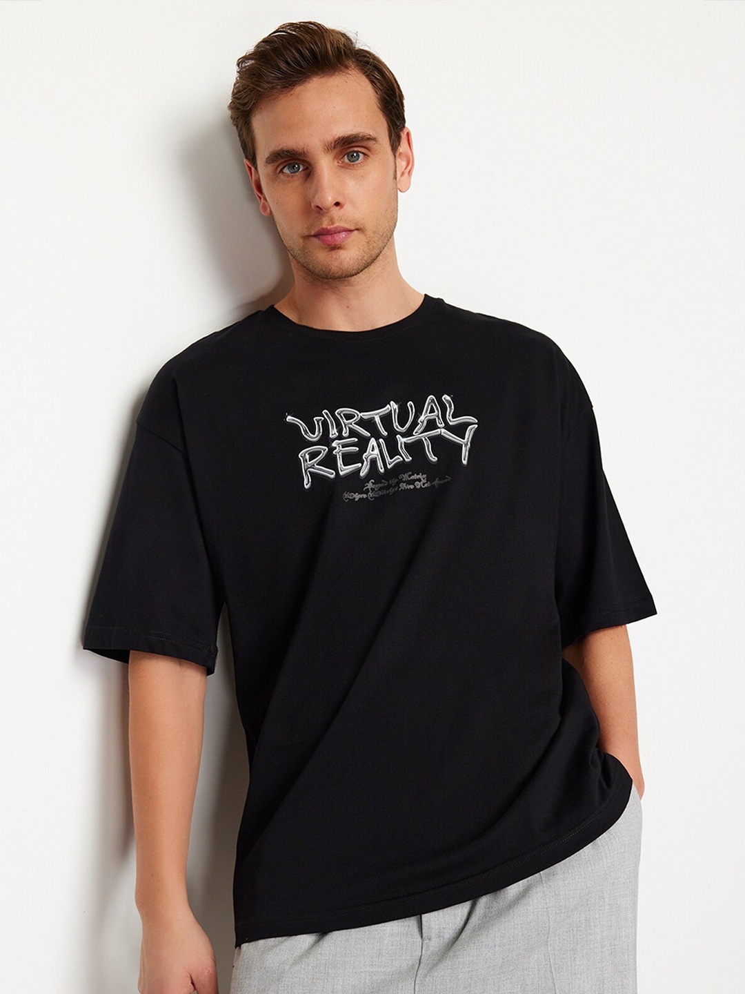 

Trendyol Round Neck Typography Printed Cotton T-shirt, Black