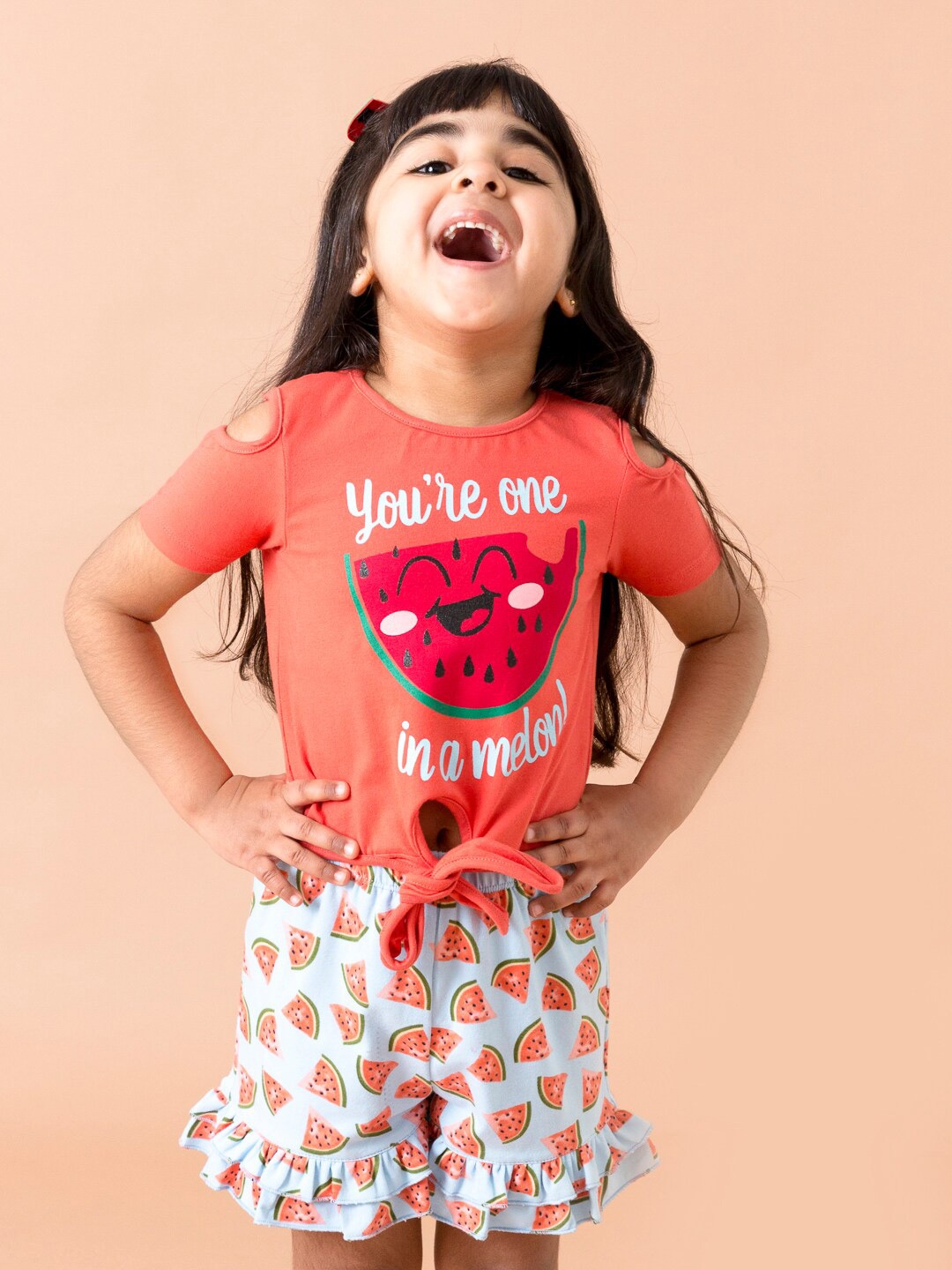 

pspeaches Girls Printed Round Neck Short Sleeves Top & Shorts, Orange
