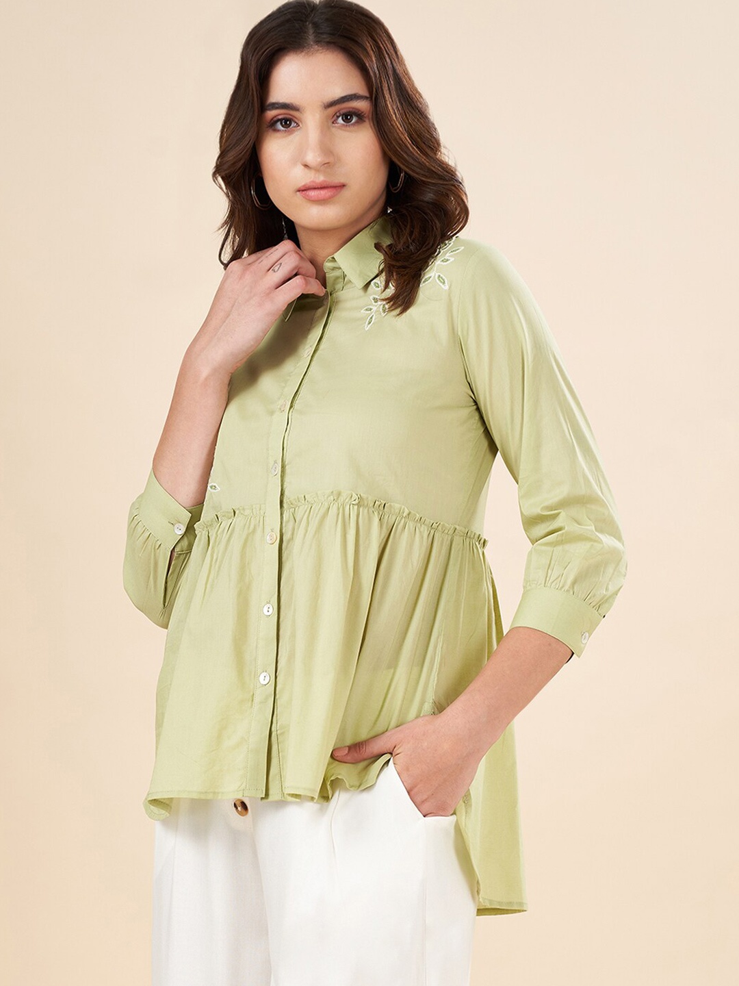 

AKKRITI BY PANTALOONS Floral Embroidered Shirt Collar Pleated Tunic, Olive