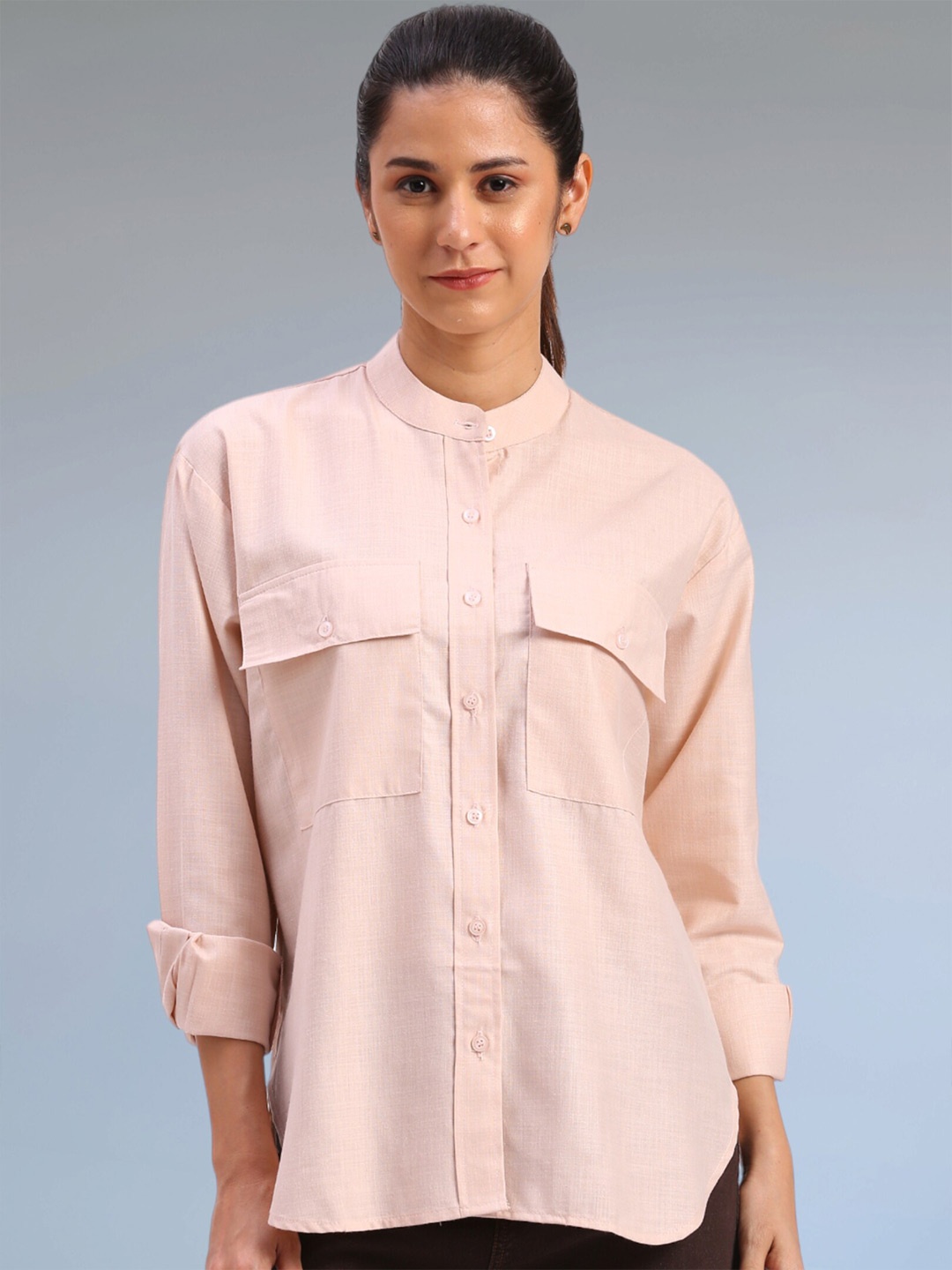 

FITHUB Band Collar Cotton Oversized Casual Shirt, Beige