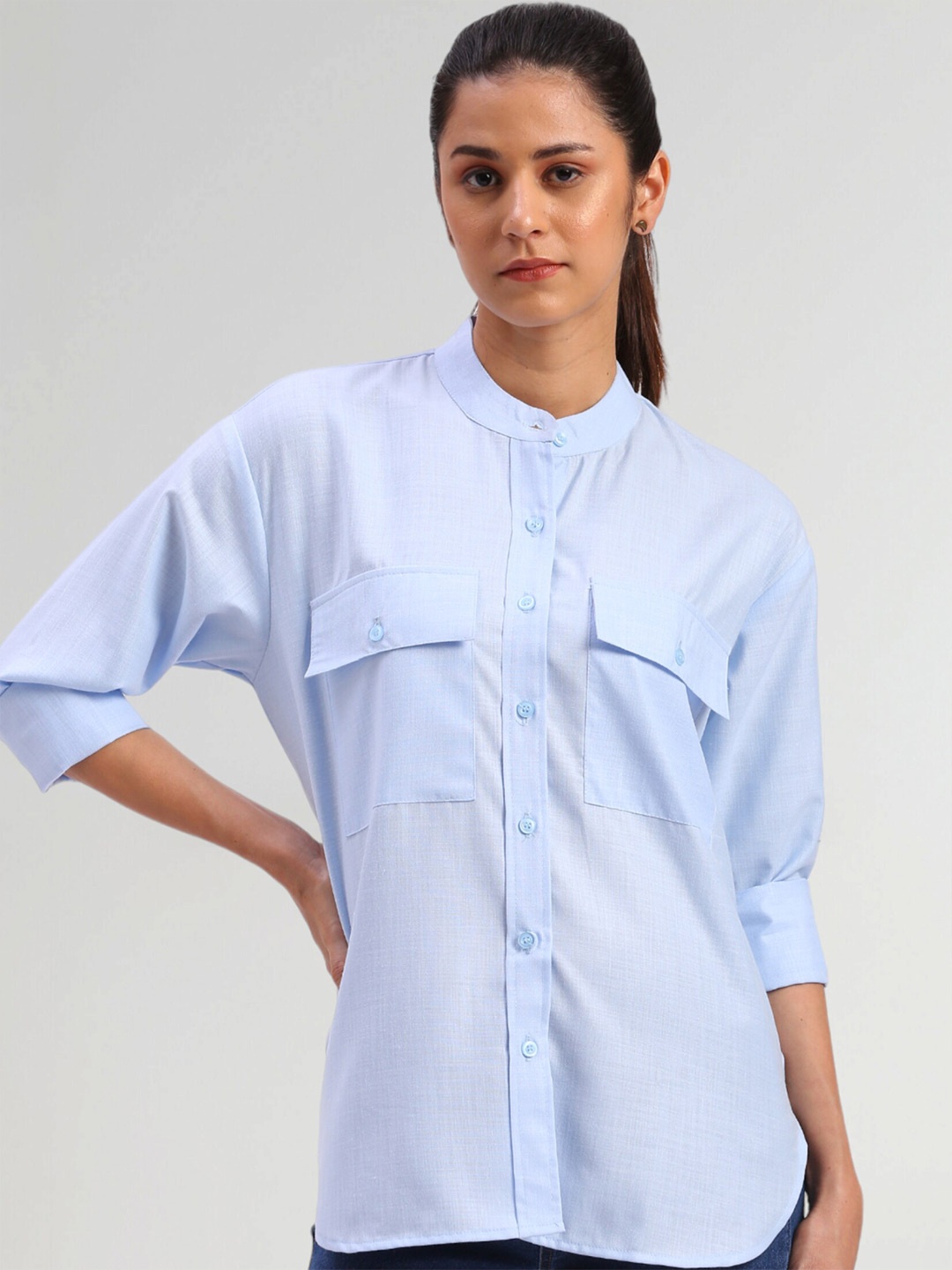 

FITHUB Band Collar Cotton Oversized Casual Shirt, Blue