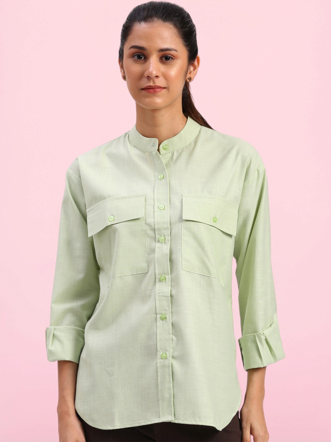 

FITHUB Band Collar Cotton Oversized Casual Shirt, Green
