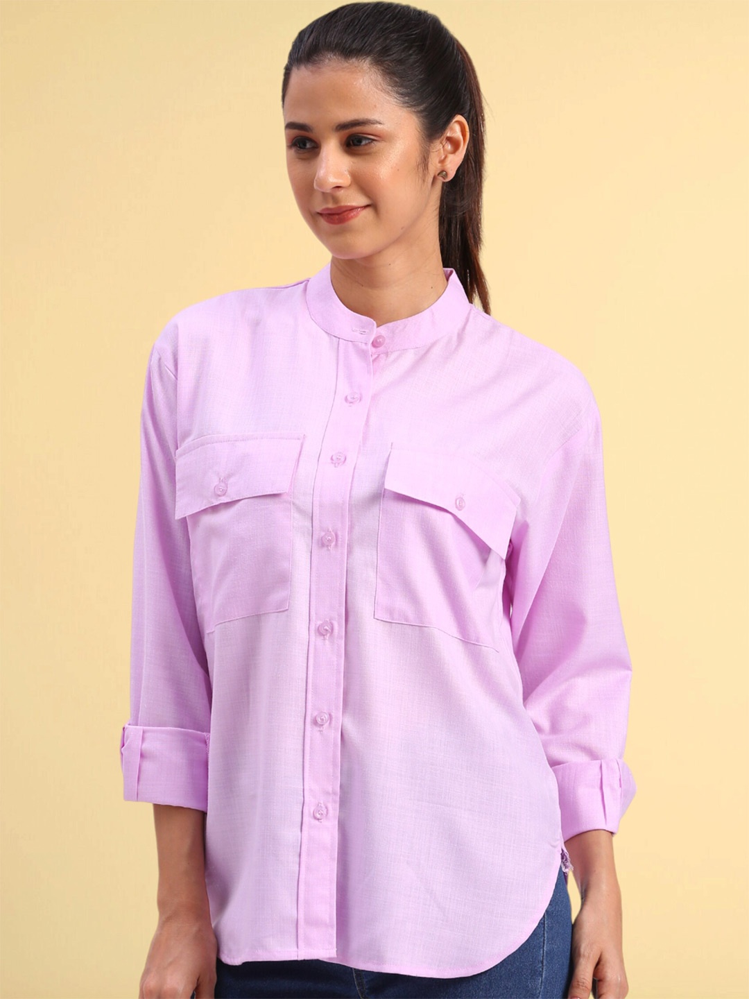 

FITHUB Band Collar Cotton Oversized Casual Shirt, Lavender