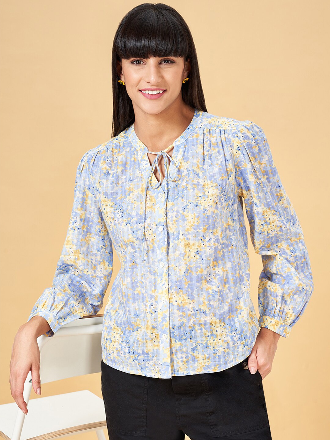 

Honey by Pantaloons Printed Tie Up Neck Cuffed Sleeves Pure Cotton Tunic, Pink