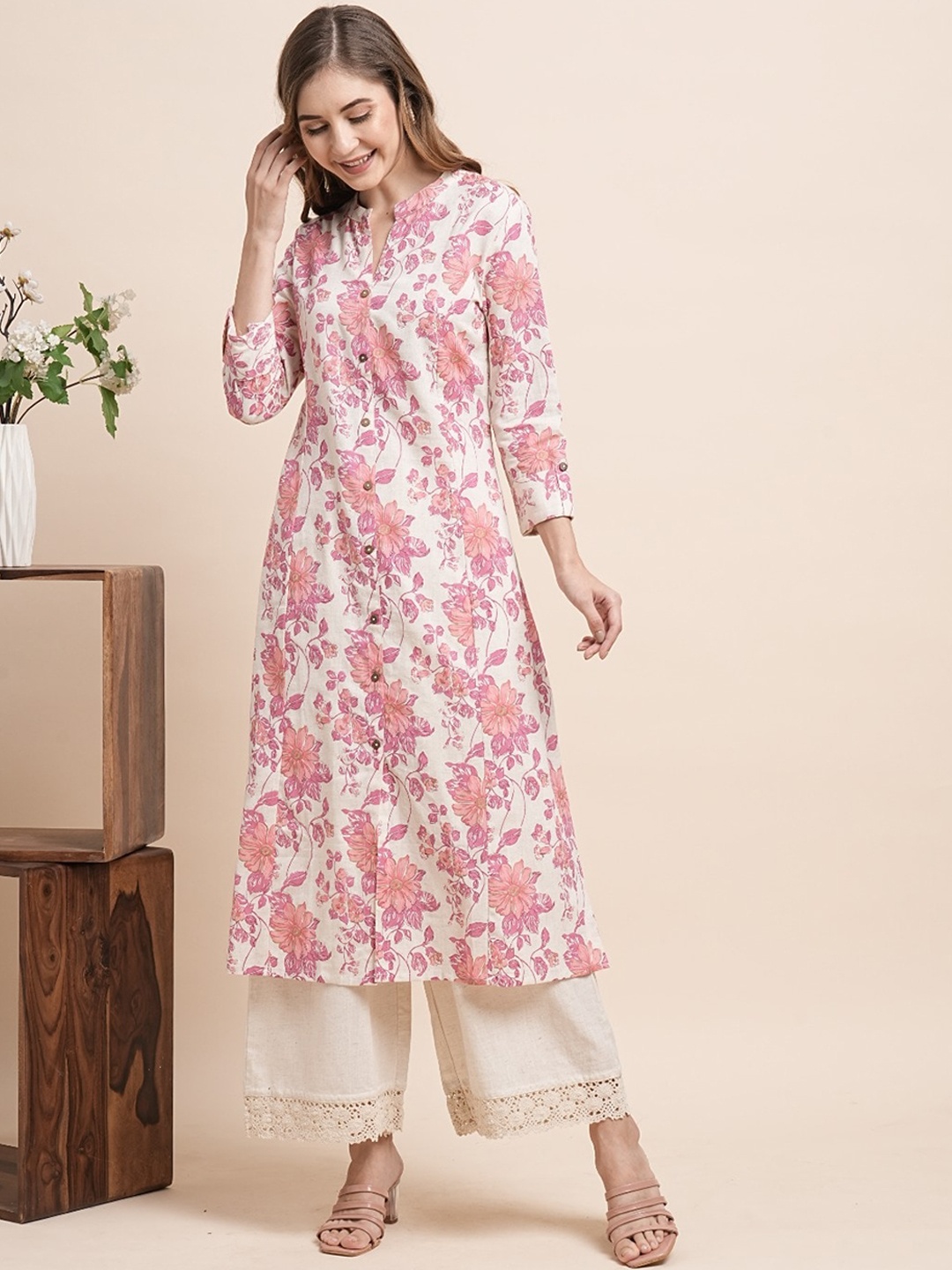 

KALINI Mandarin Collar Floral Printed Pure Cotton Straight Kurta with Palazzo, Pink