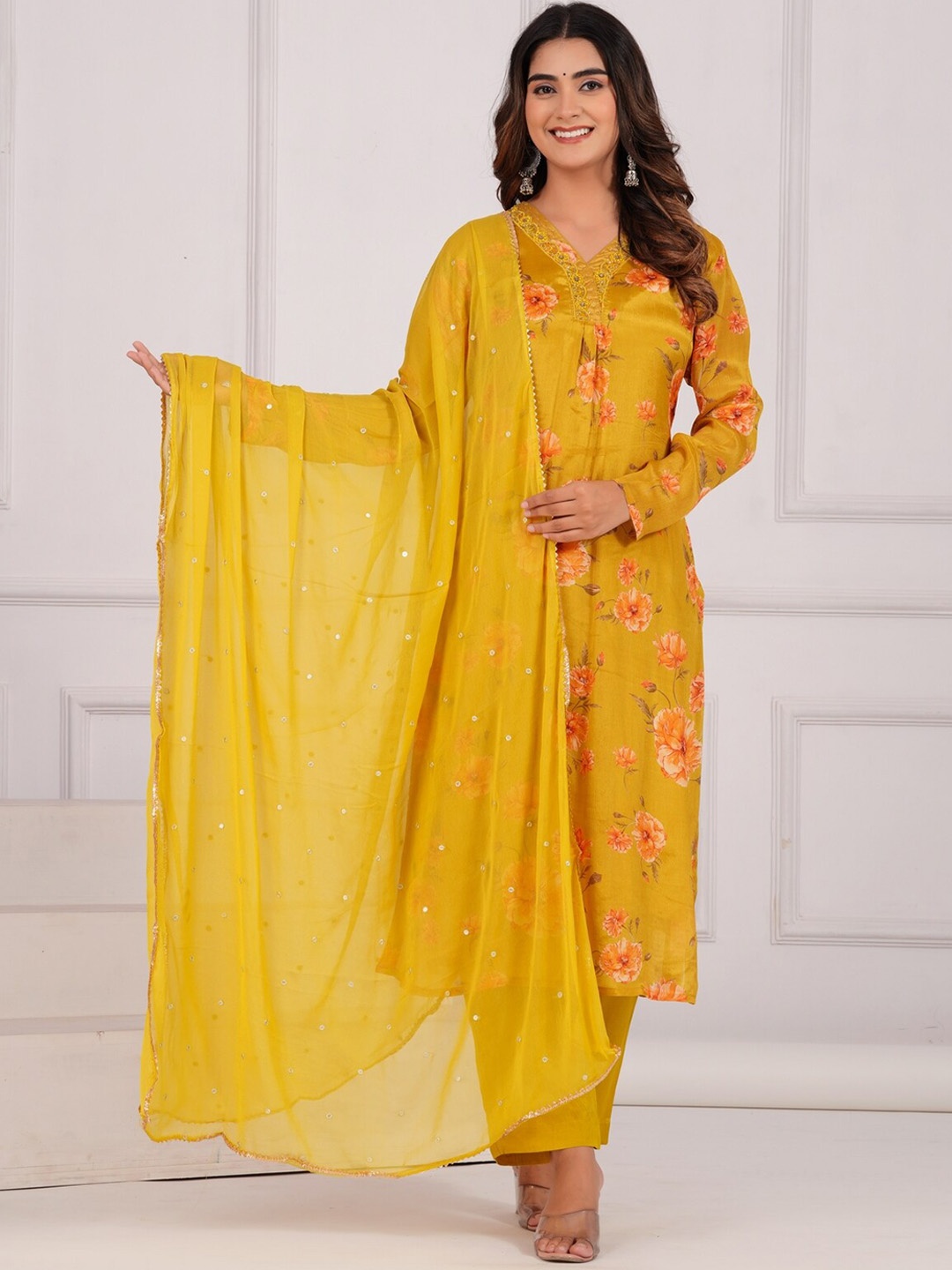 

KALINI V Neck Floral Printed Regular Beads and Stones Kurta with Trousers, Yellow