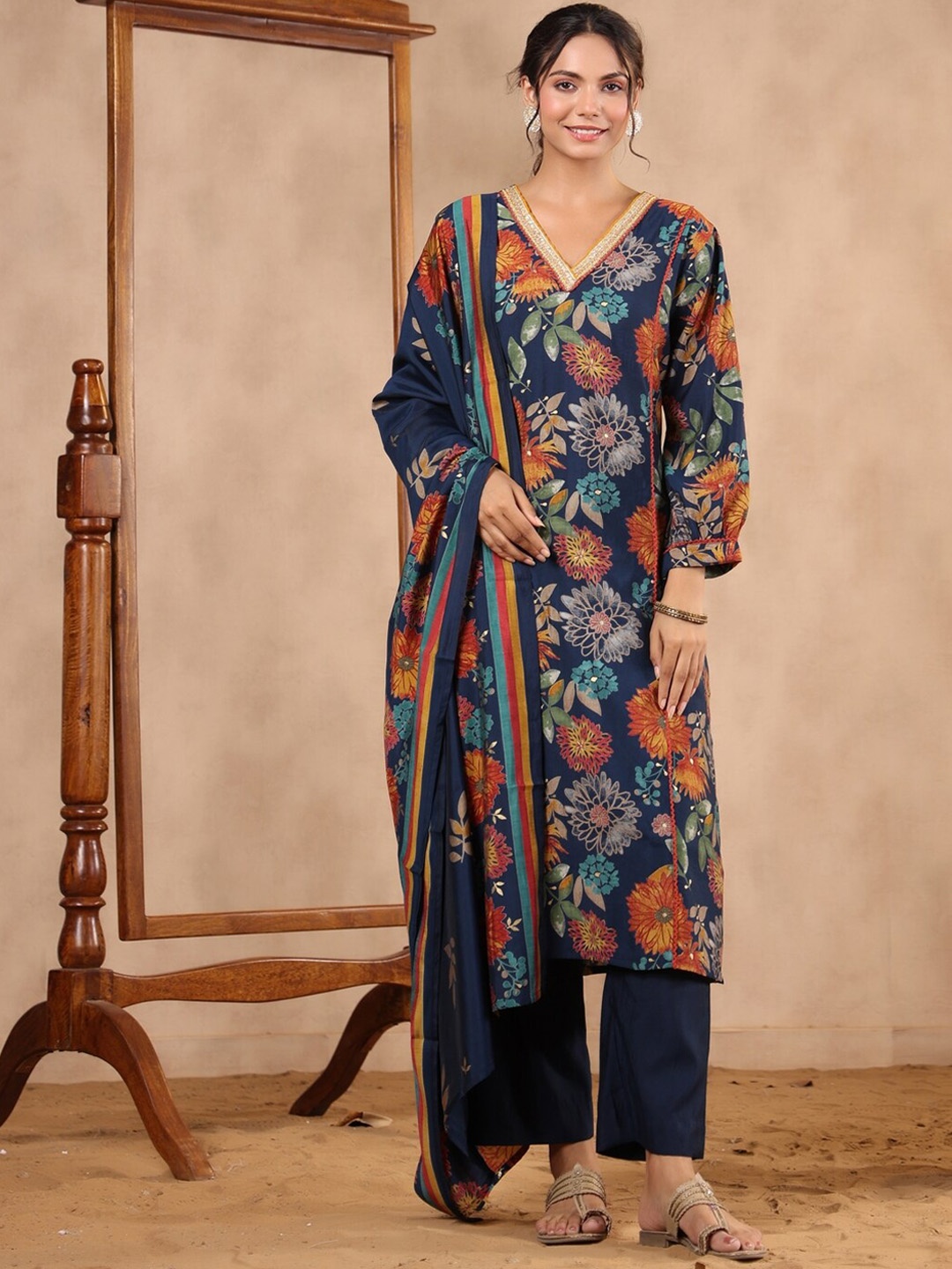 

KALINI V Neck Floral Printed Beads and Stones Straight Kurta with Trouser & Dupatta, Blue