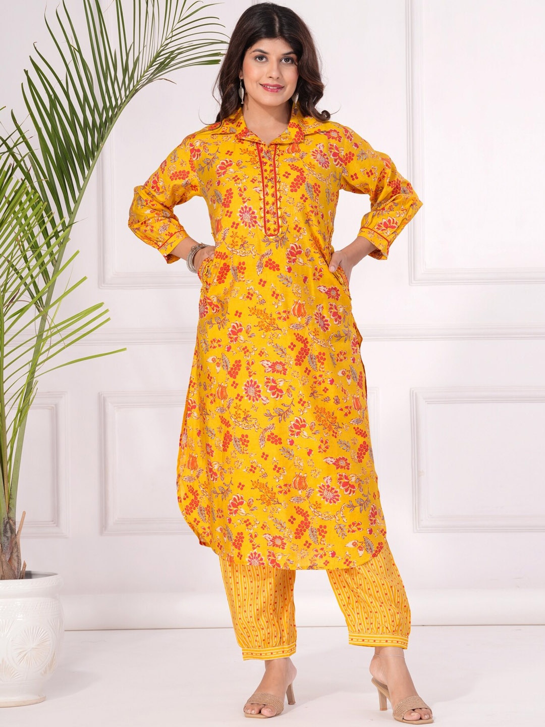 

KALINI Shirt Collar Long Sleeves Floral Print Beads and Stones Straight Kurta with Salwar, Yellow