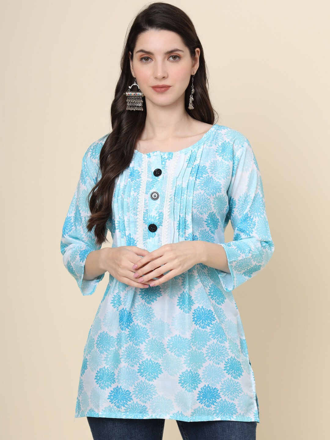 

VAIRAGEE Floral Printed Cotton Straight Kurti, Turquoise blue