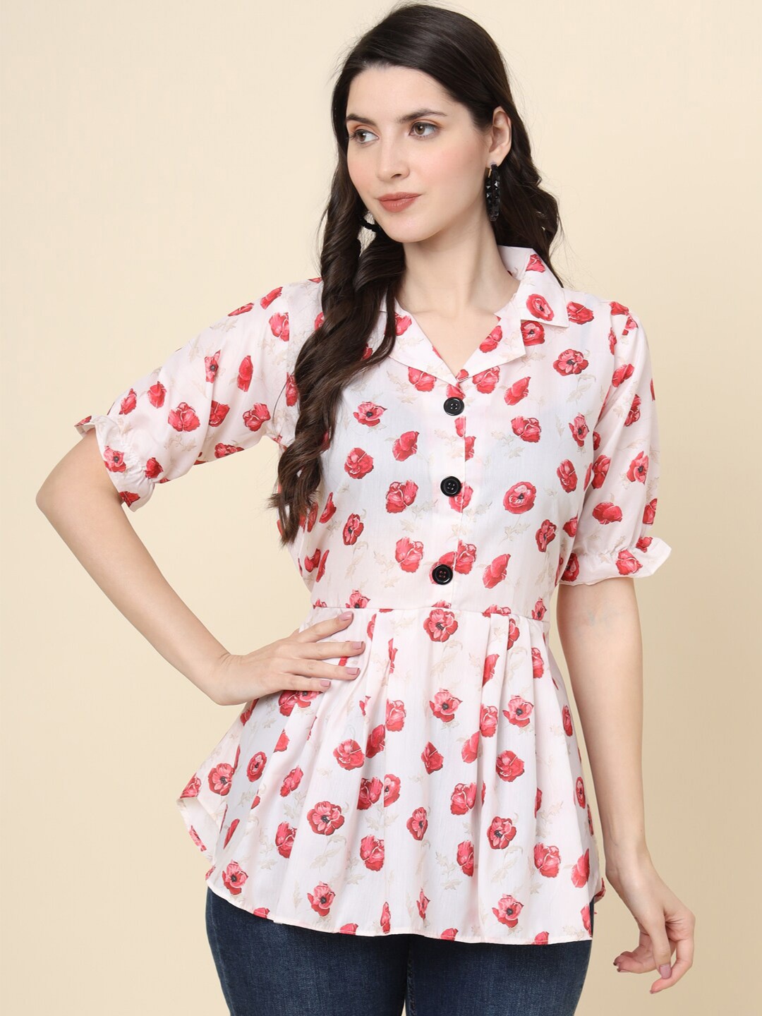 

VAIRAGEE Floral Printed Shirt Collar Cuffed Sleeves Cotton Shirt Style Top, Off white