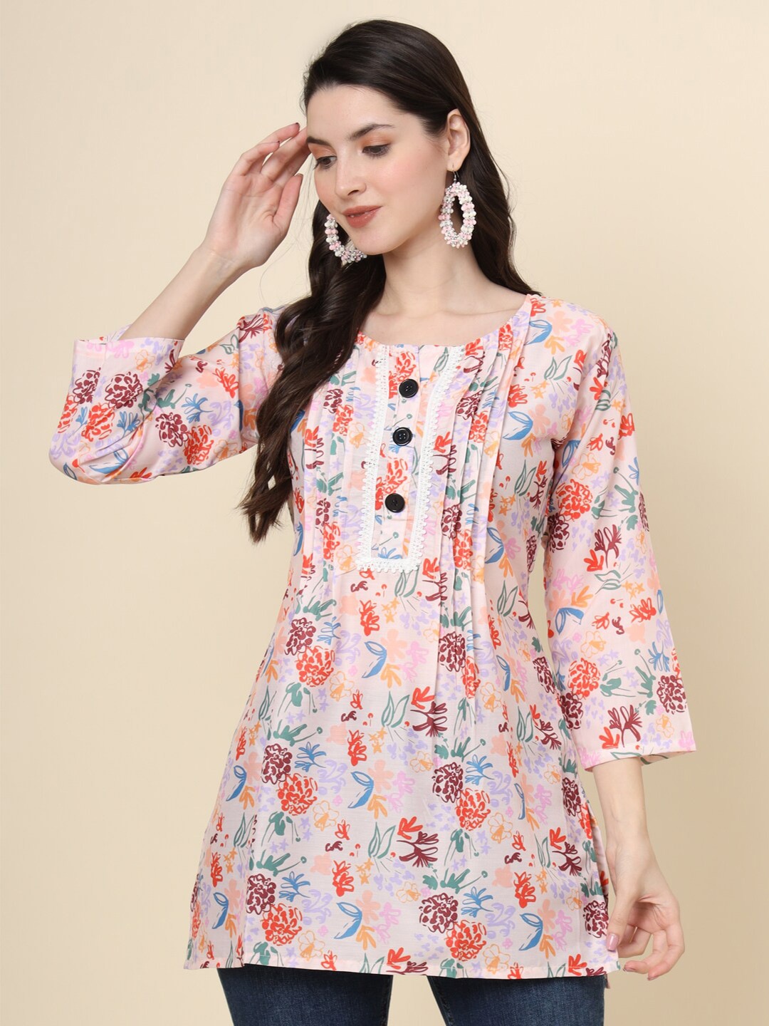 

VAIRAGEE Floral Printed Cotton Straight Kurti, Pink