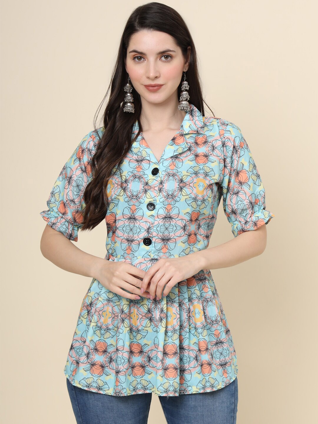 

VAIRAGEE Floral Printed Cotton Top, Turquoise blue