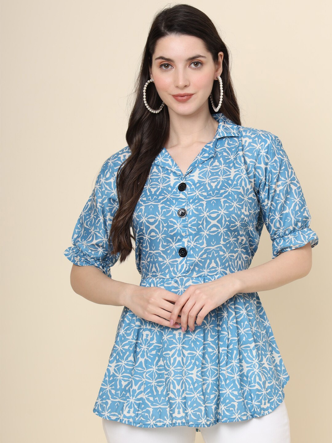 

VAIRAGEE Floral Printed Shirt Collar Cuffed Sleeves Cotton Shirt Style Top, Blue