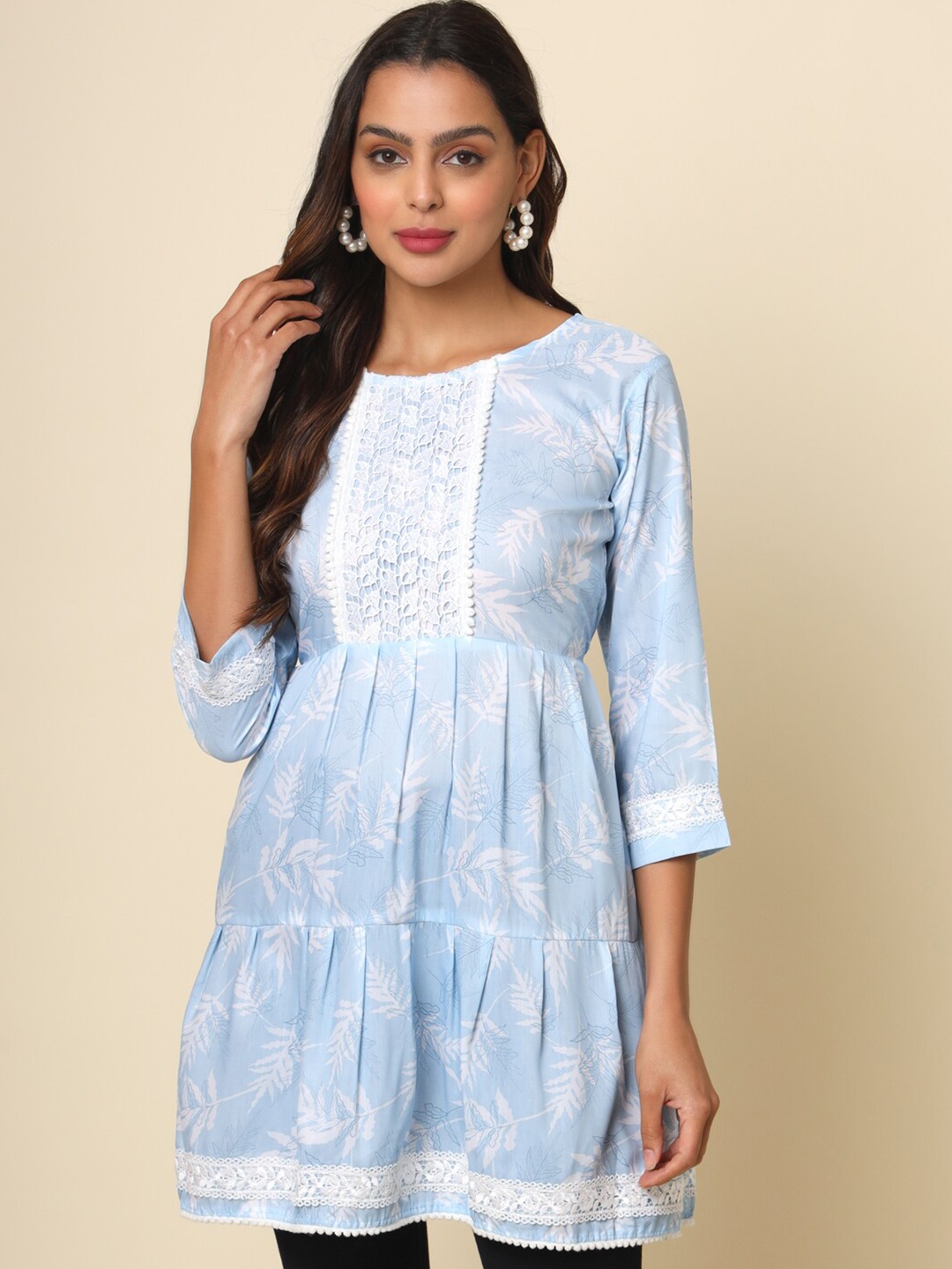 

VAIRAGEE Floral Printed Cotton Lace Inserts & Tiered Detail Tunic, Turquoise blue