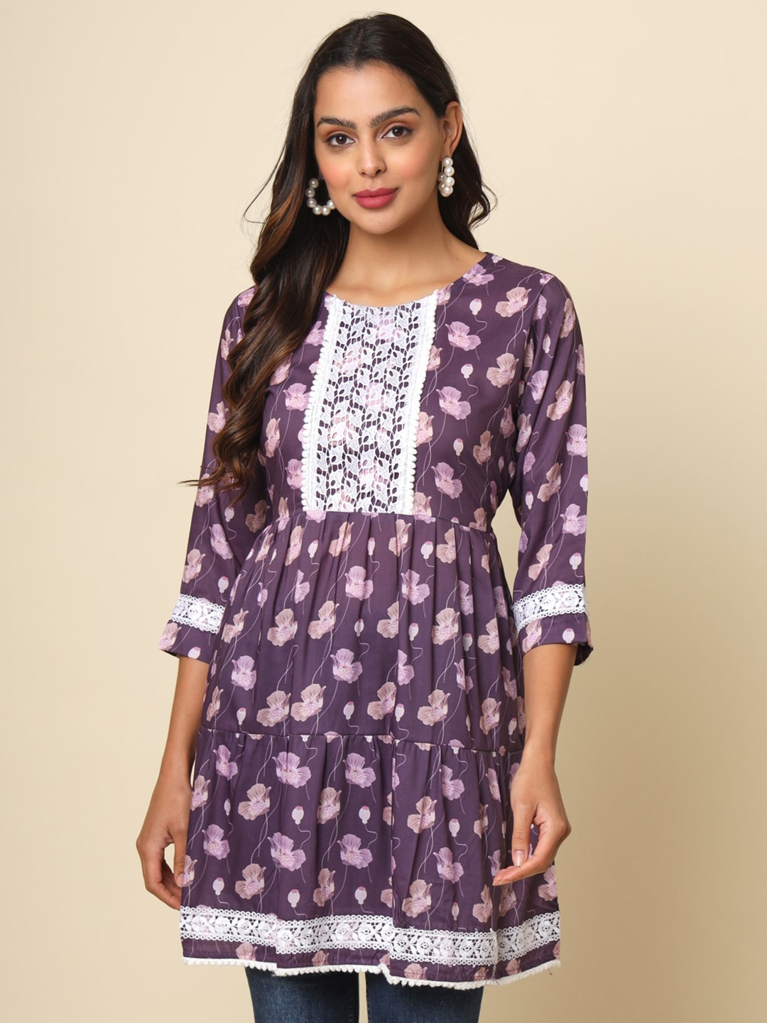 

VAIRAGEE Floral Printed Round Neck Cotton Tunic, Purple