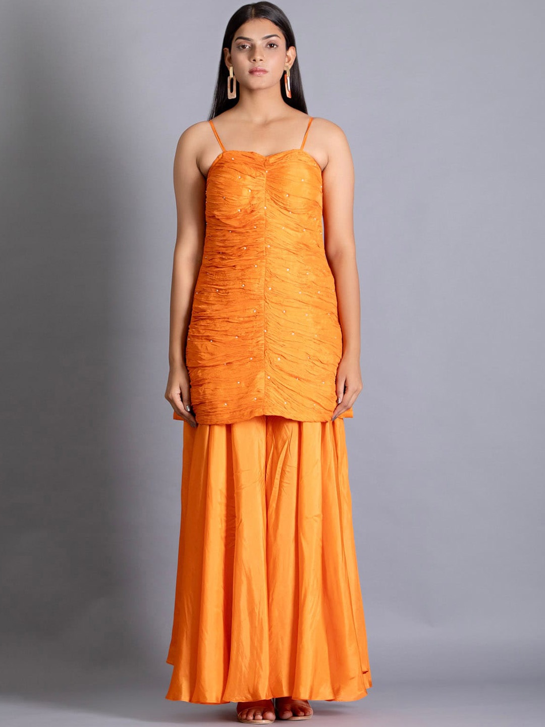 

Bee Boe Geometric Embroidered Beads & Stones Detail Straight Kurta & Sharara With Dupatta, Orange