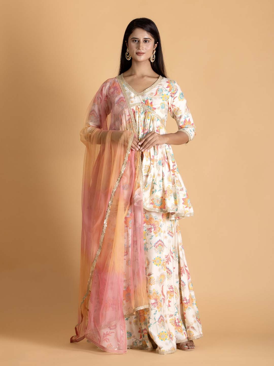 

Bee Boe Ethnic Motifs Printed Pleated Gotta Patti A-Line Kurti with Sharara & Dupatta, White