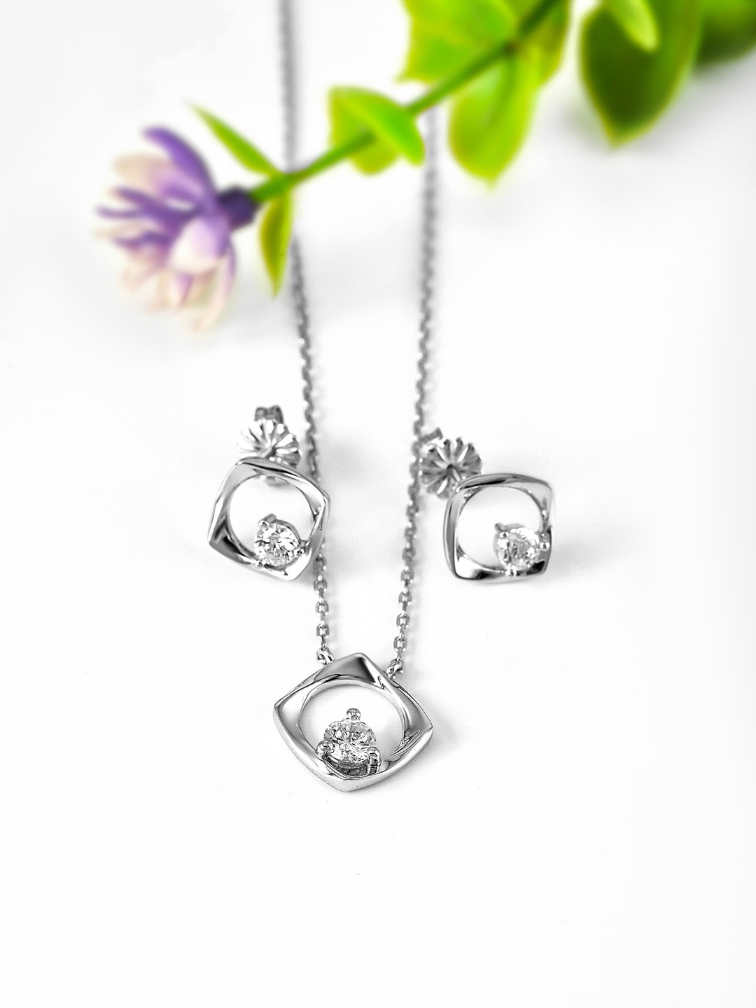 

SILBERRY 925 Sterling Silver Rhodium Plated Crystal Studded Pendant and Earrings