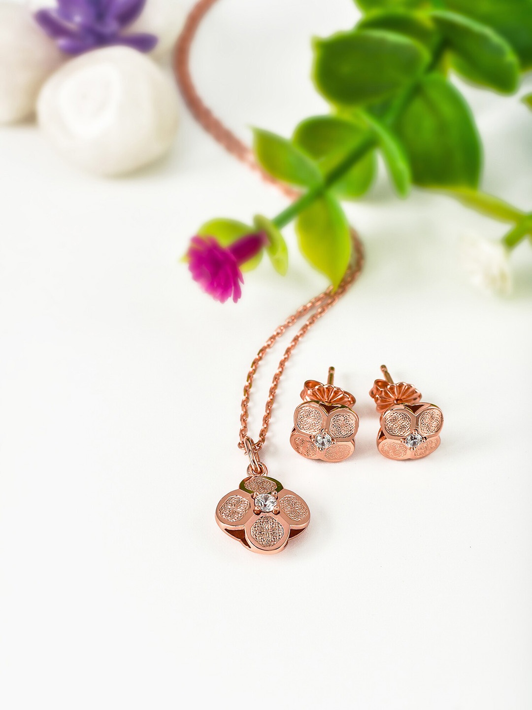 

SILBERRY 925 Sterling Silver Rose Gold-Plated Cubic Zirconia Studded Pendant and Earrings