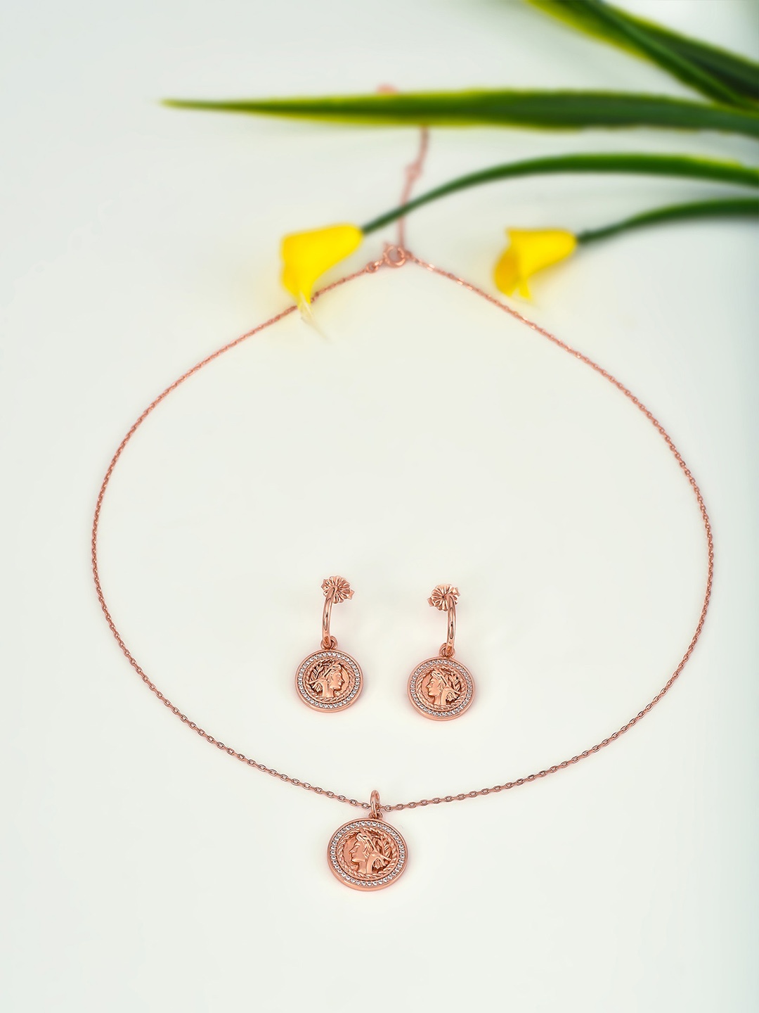 

SILBERRY 925 Sterling Silver Rose Gold Plated CZ Studded Victorian Coin Pendant & Earrings