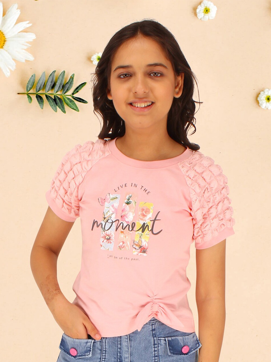 

CUTECUMBER Girls Typography Printed Embellished Causal Top, Peach