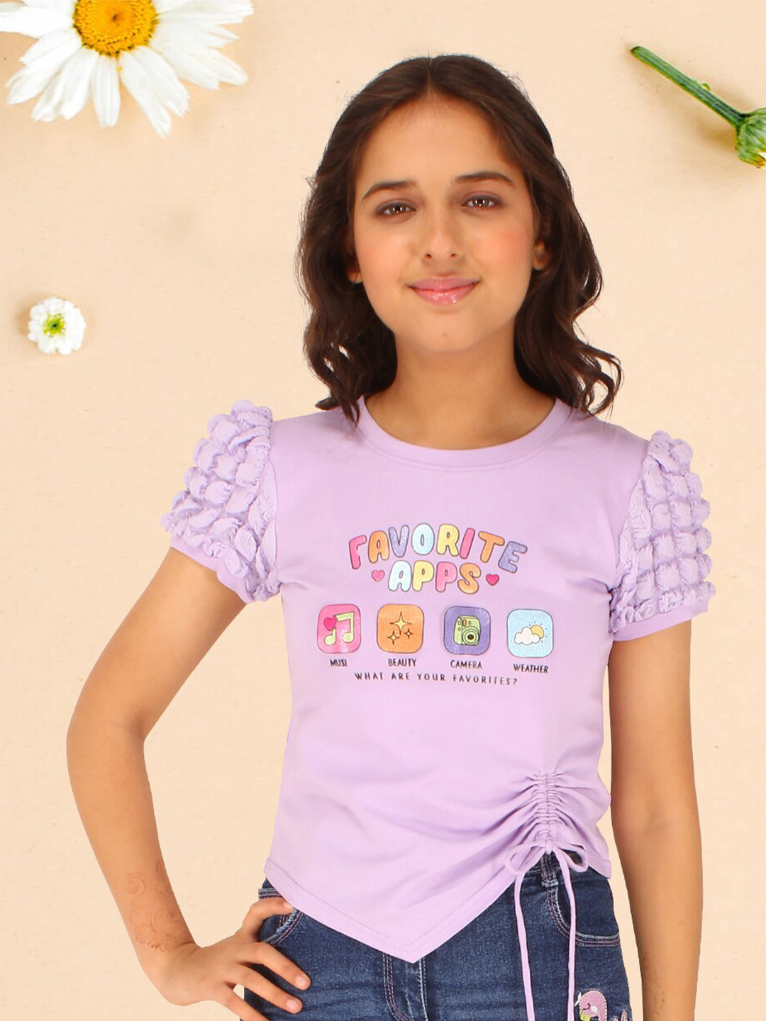 

CUTECUMBER Girls Typography Printed Puff Sleeve Embellished Causal Top, Purple