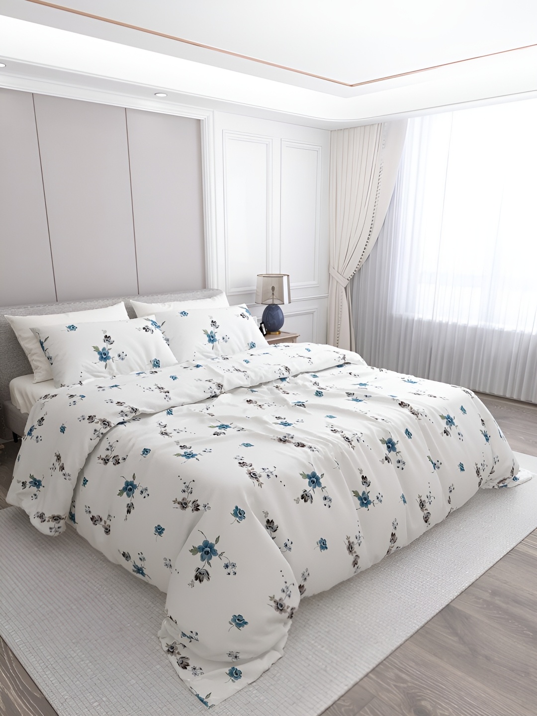 

LABHAM White & Blue Floral Printed Cotton 250 TC King Bedsheet With 2 Pillow Covers
