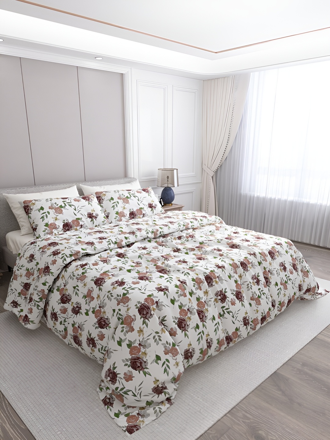 

LABHAM Camel Brown & White Floral Cotton 250 TC King Bedsheet with 2 Pillow Covers