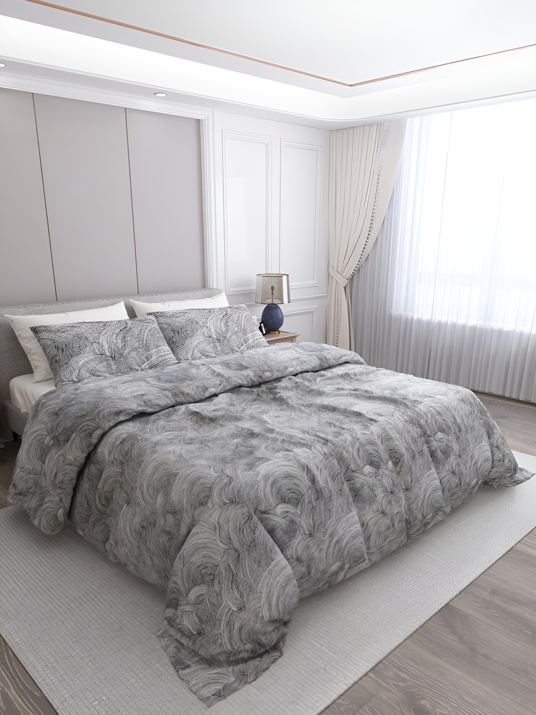 

LABHAM Grey Abstract Printed Cotton 250 TC King Bedsheet With 2 Pillow Covers