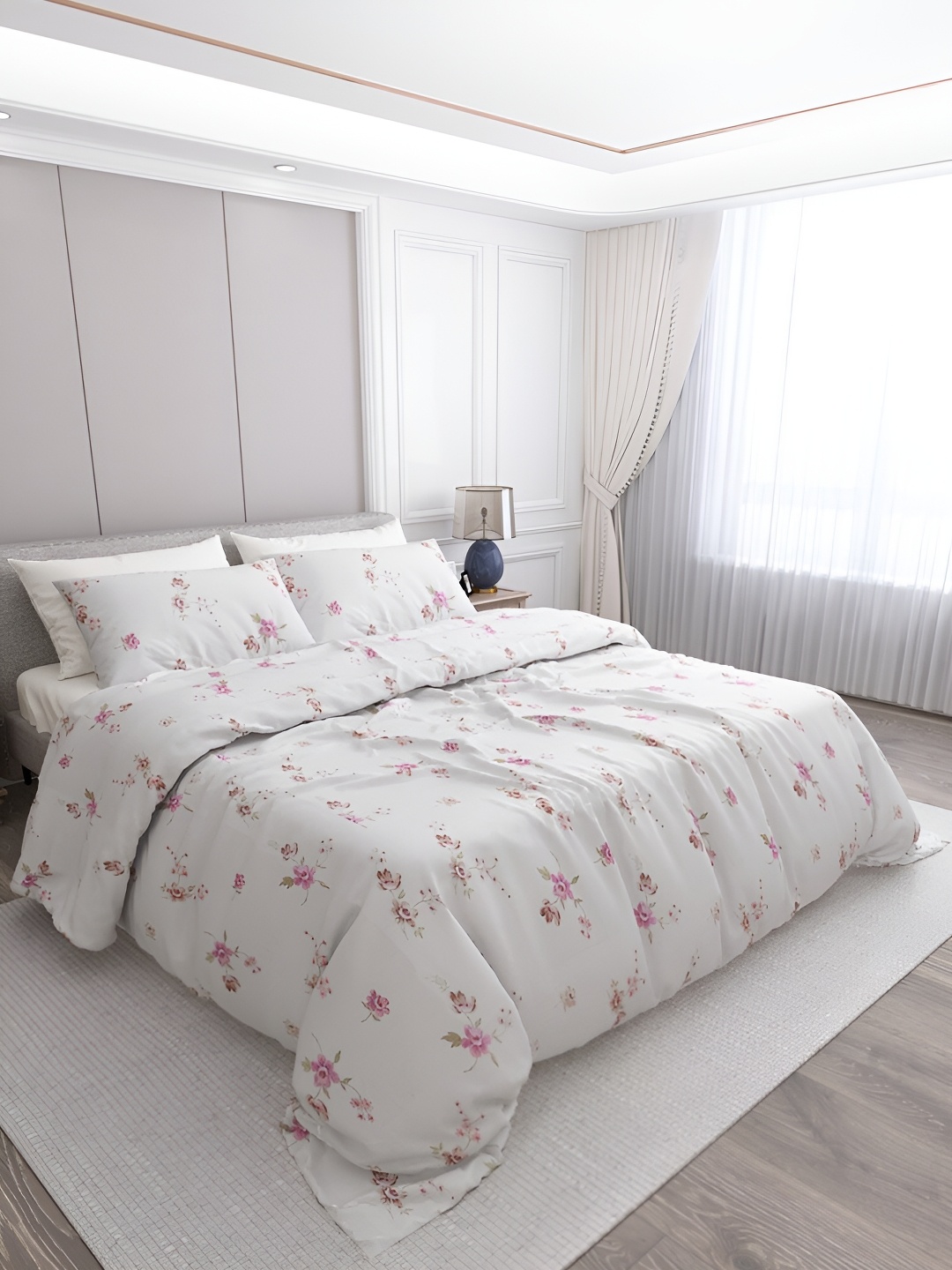

LABHAM Pink & White Floral Cotton 250 TC King Bedsheet with 2 Pillow Covers