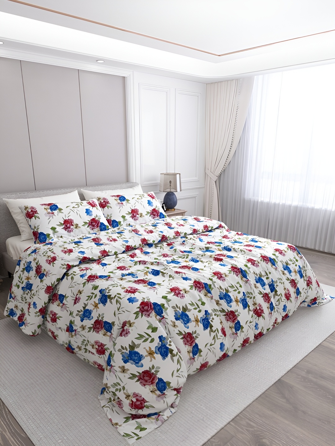

LABHAM White & Maroon Floral Cotton 250 TC King Bedsheet with 2 Pillow Covers