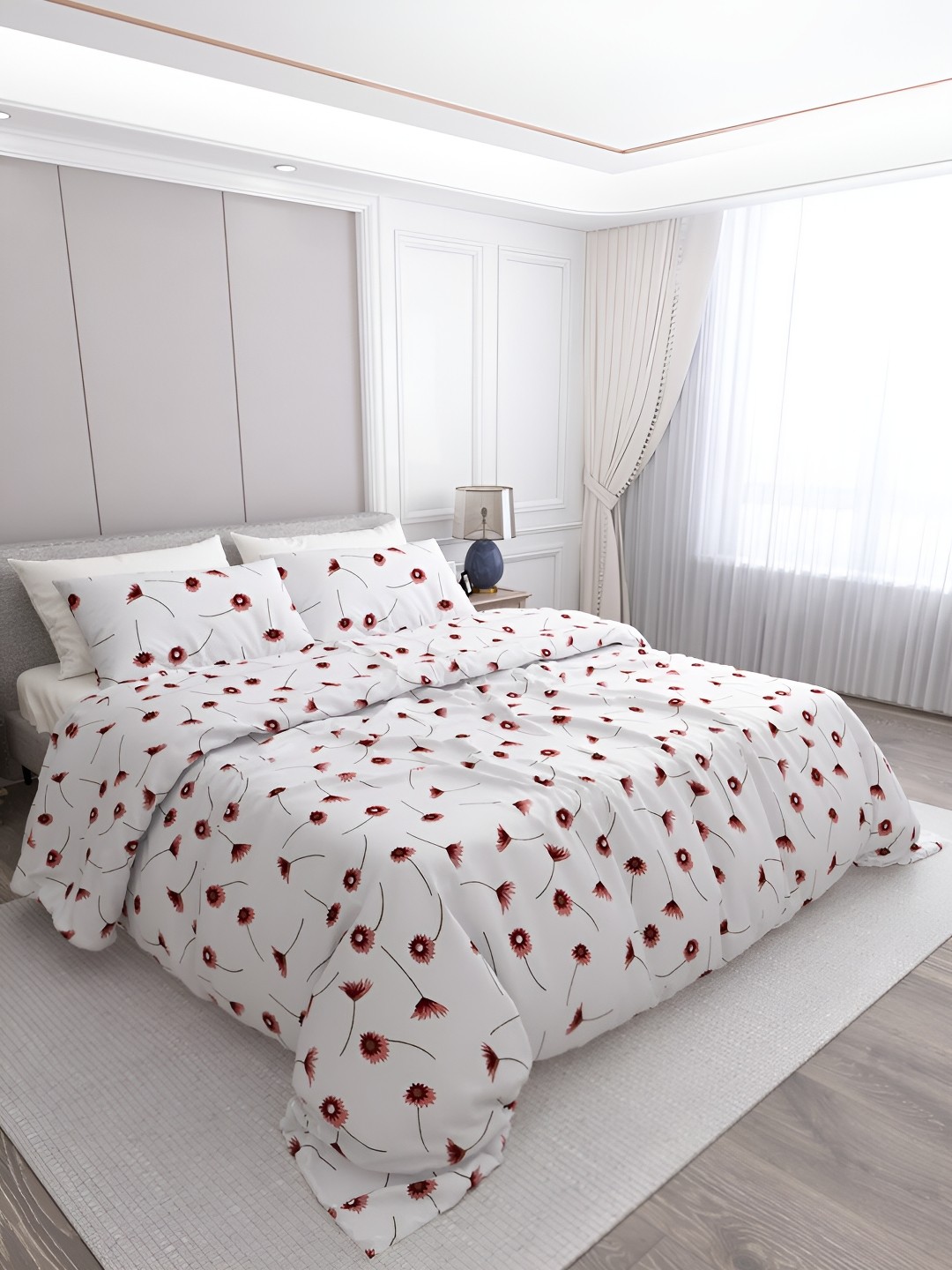 

LABHAM Red & White Floral Cotton 250 TC King Bedsheet with 2 Pillow Covers