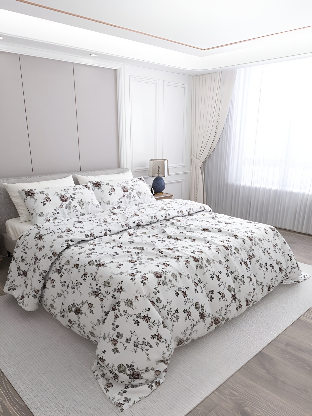 

LABHAM Grey & White Floral Printed Cotton 250 TC King Bedsheet With 2 Pillow Covers