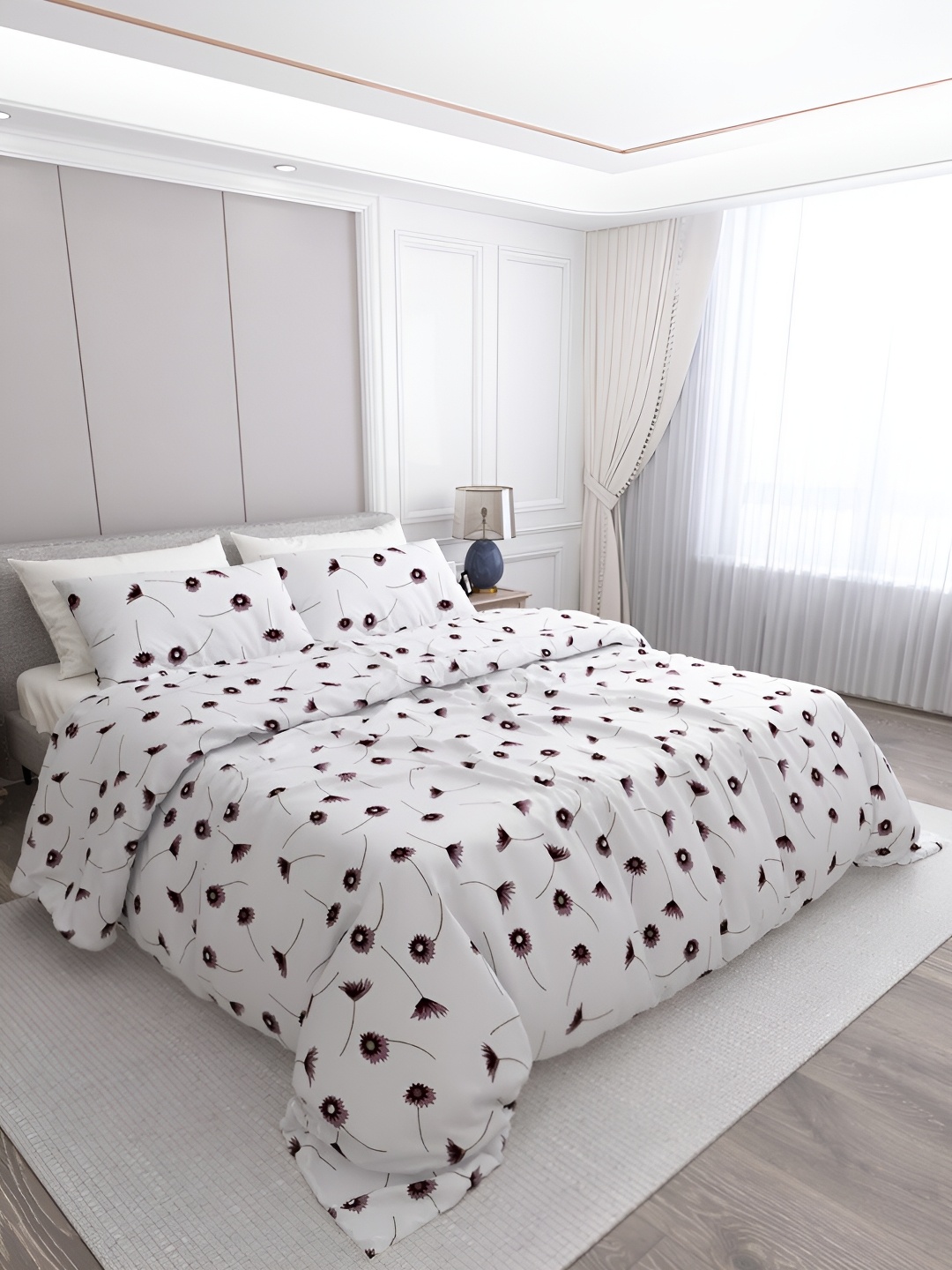 

LABHAM Purple & White Floral Cotton 250 TC King Bedsheet with 2 Pillow Covers