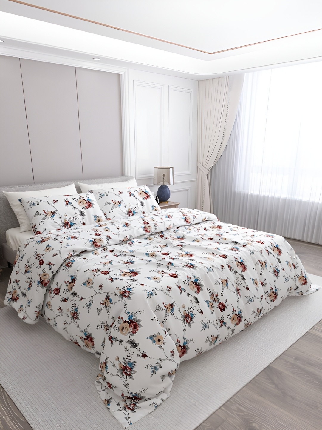 

LABHAM White & Brown Floral Cotton 250 TC King Bedsheet with 2 Pillow Covers