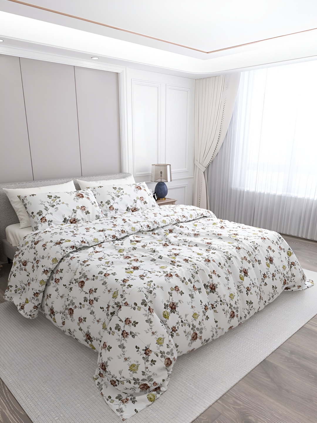 LABHAM Yellow & White Floral Cotton 250 TC King Bedsheet with 2 Pillow Covers