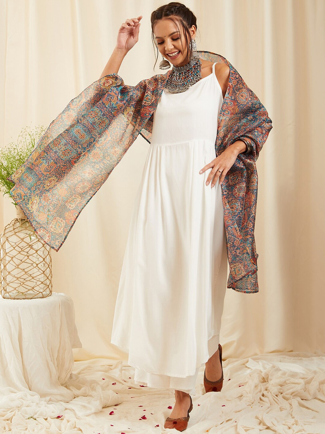 

InWeave Shoulder Straps Kurta With Trousers & Dupatta, White