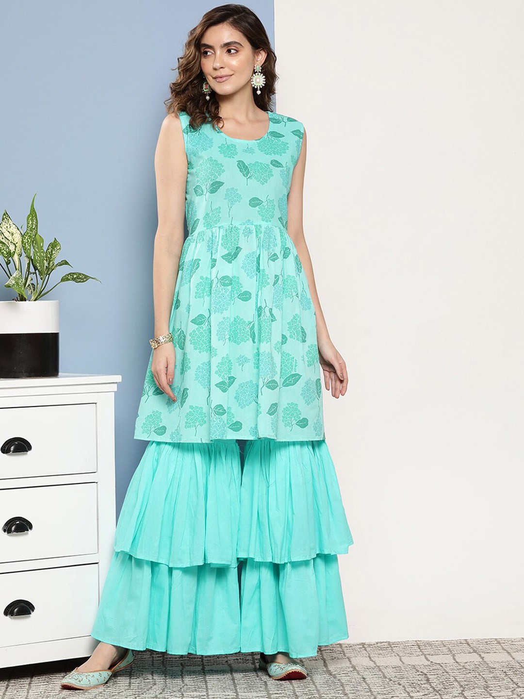 

InWeave Floral Printed Pleated Pure Cotton Anarkali Kurta With Sharara, Turquoise blue