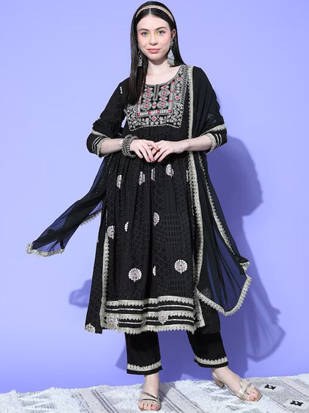 

InWeave Ethnic Motifs Embroidered Kurta With Trousers & Dupatta, Black